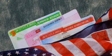U.S. green cards and employment authorization cards with an American flag.