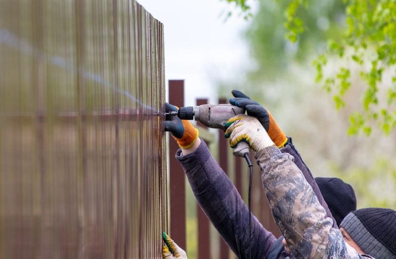 Workers install a metal profile fence.