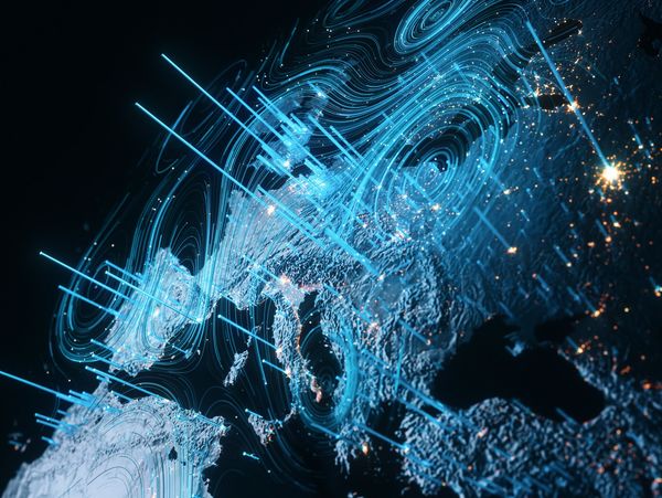 Digital blue data streams over a map of Europe at night.