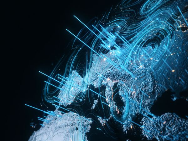 Digital globe with neon blue data spikes and contour lines.