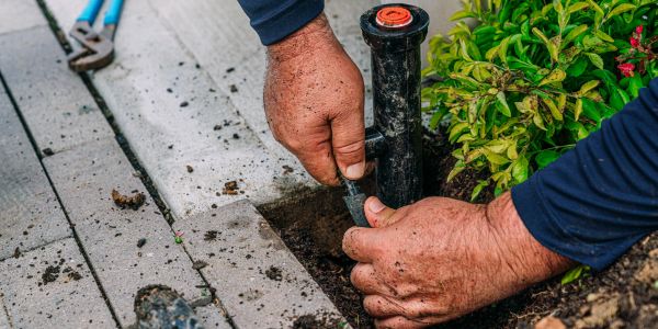 Hands fixing a garden irrigation pipe.