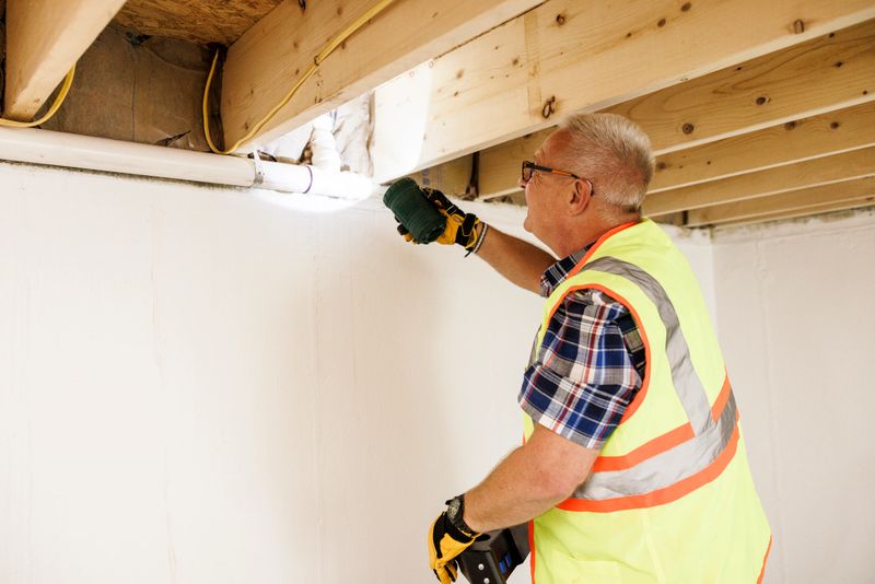 Basement inspection. Mature gray haired inspector checking for signs of water damage, such as peeling paint, warped drywall, and mold.