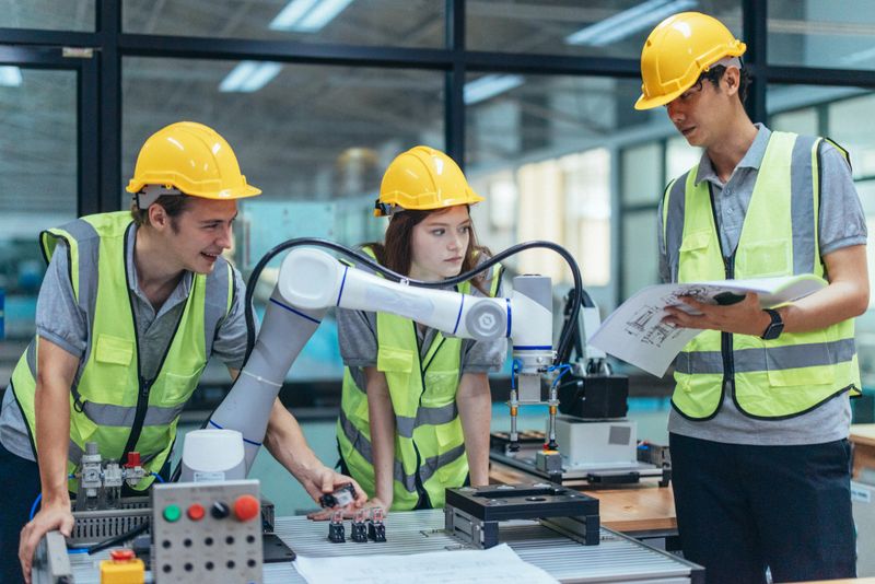 Trainees analyze technical blueprint, program, control robotic arm during practical learning lesson in robot system programming at a manufacturing academy. Emphasizing hands-on experience and skills.