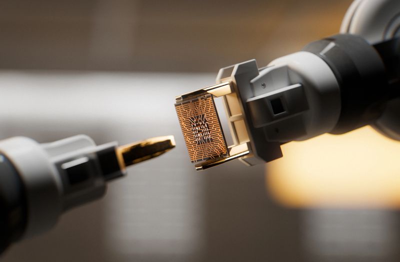 An automated robotic arm is gripping a CPU inside of a circuit board factory. Part of a series images of semiconductors and microchips being installed by robots on a mother board. Conceptual 3D designed computer graphics.