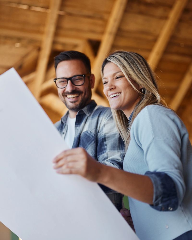 Below view of happy couple cooperating while reading blueprints of their developing house.