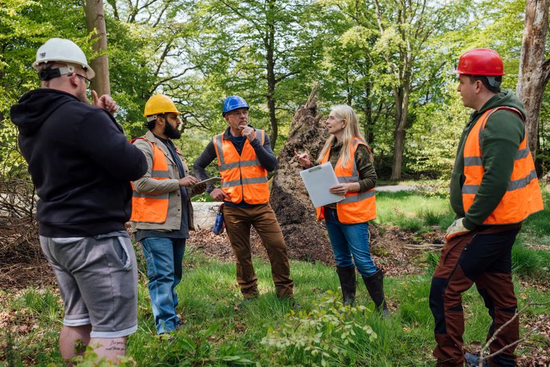 Full length view of a medium group of tree surgeons standing together discussing plans and strategies. They are wearing work attire and hi-vis jackets while surrounded by towering trees in a forest in Northumberland, North East England.