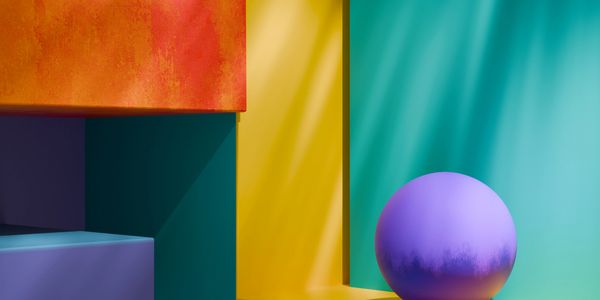 Colorful geometric room with a purple sphere on the floor.