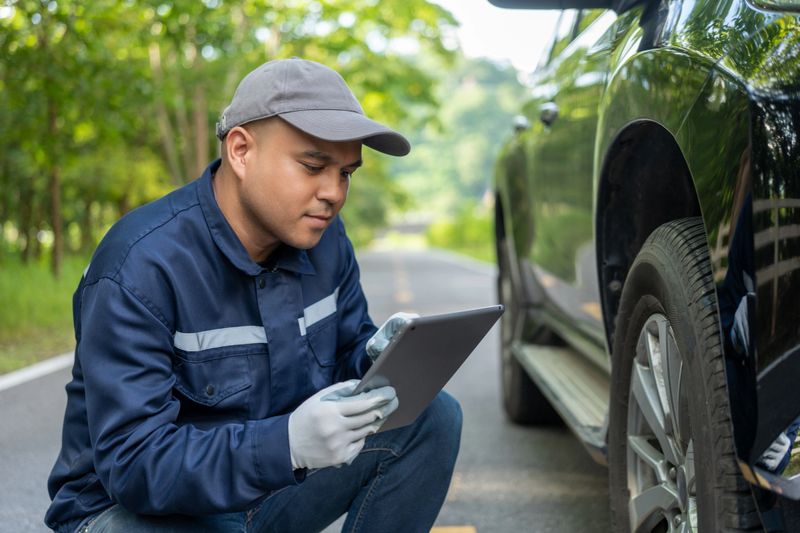 Professional car mechanic maintenance vehicle. The mechanic opens the front of the car. Checking the broken engine. Check the damage as listed. Repair car outside service.