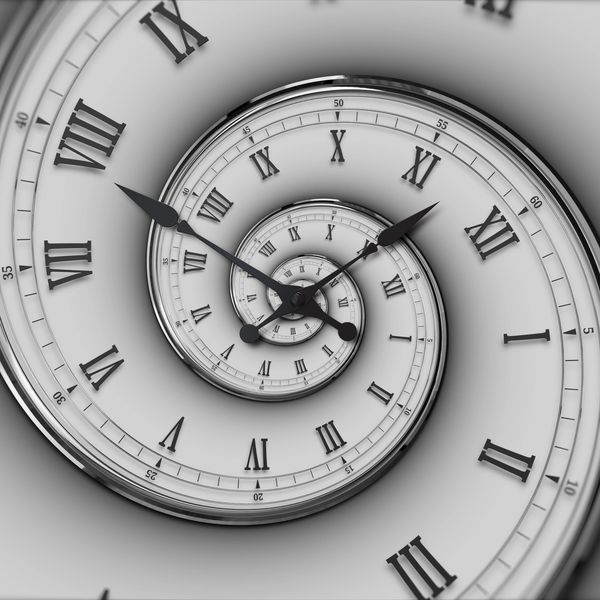 A spiraling clock face with Roman numerals creating an infinite time loop.