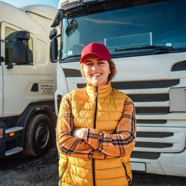 Smiling woman truck driver in yellow vest and red cap.