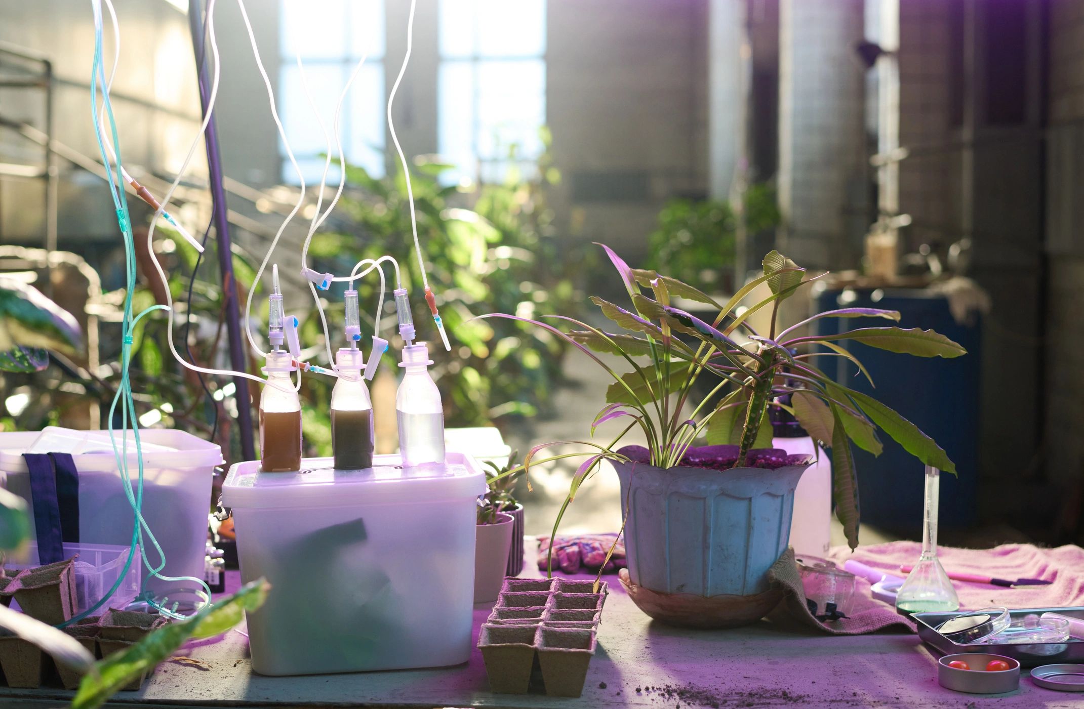 Indoor hydroponic setup with plants and nutrient bottles under soft sunlight.