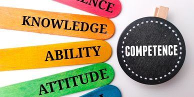 Colorful wooden sticks with words leading to competence.