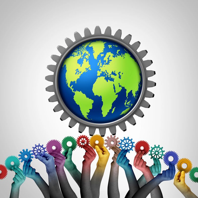 Global Integrated Business and world economy collaboration as diverse people from all nations working together for a common positive goal