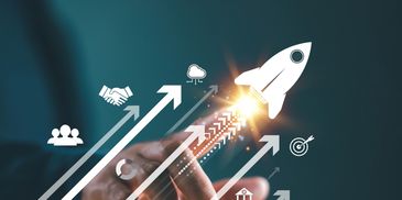 Rocket launching with business growth icons.