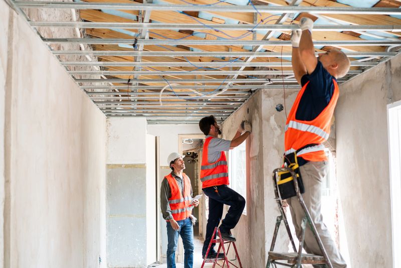 A team of construction workers with hard hats engaging in renovation work at a construction site.