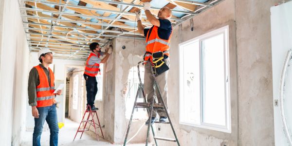 Construction workers installing ceiling framework inside a building.