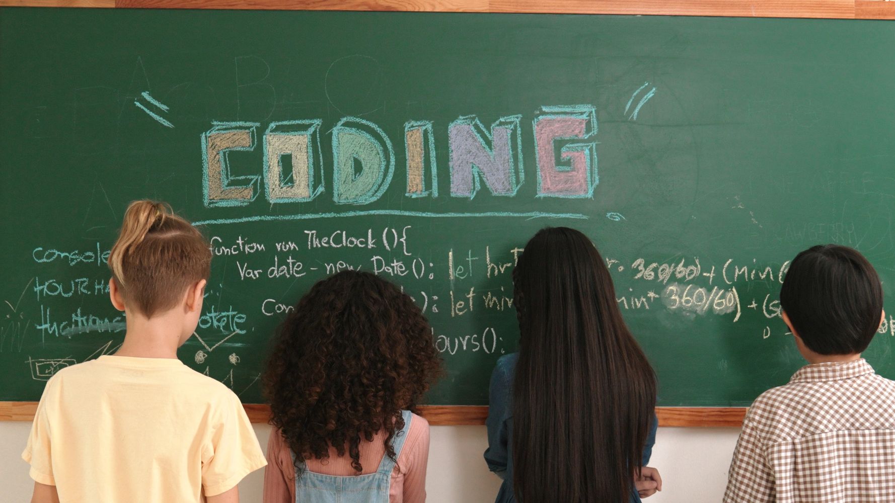 Four children stand facing a chalkboard with colorful "CODING" and JavaScript code.