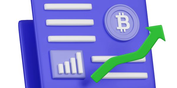 3D illustration of a Bitcoin document with a rising green arrow symbolizing growth.