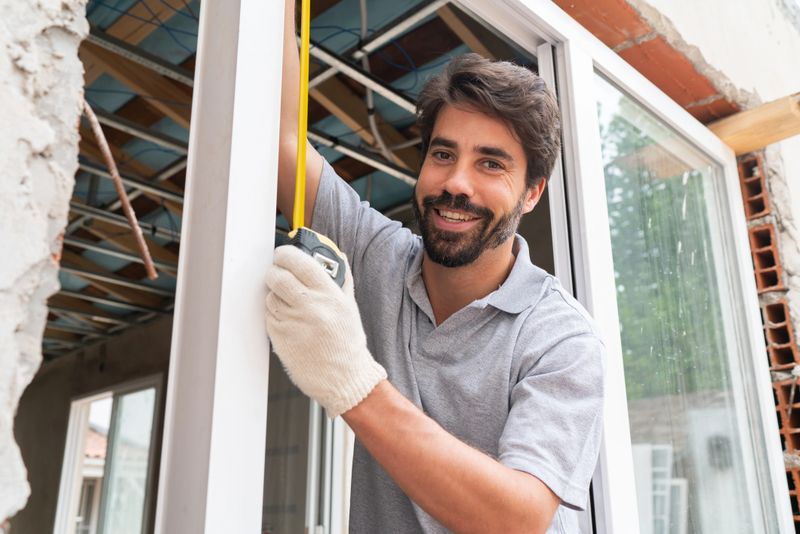 Focused construction worker carefully installs a new window in a developing building site, showcasing skill and precision.