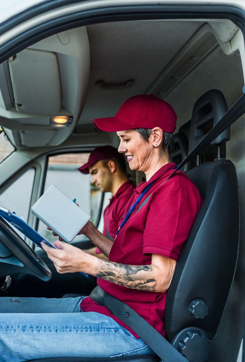Female courier checking address label on package before delivery