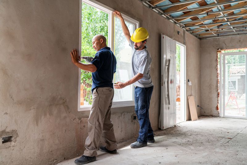 Two skilled workers collaborate to install a new window at a residential construction site, ensuring precision and safety.