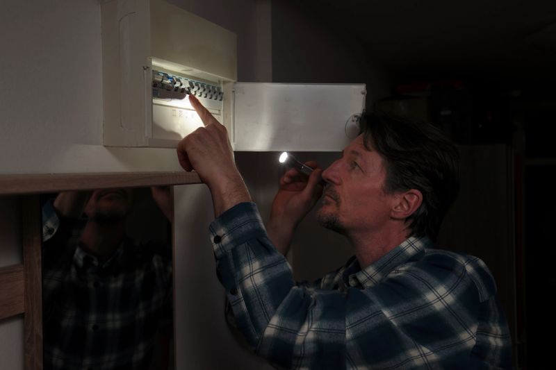 Man with hand light examining fuse box to get electricity back.