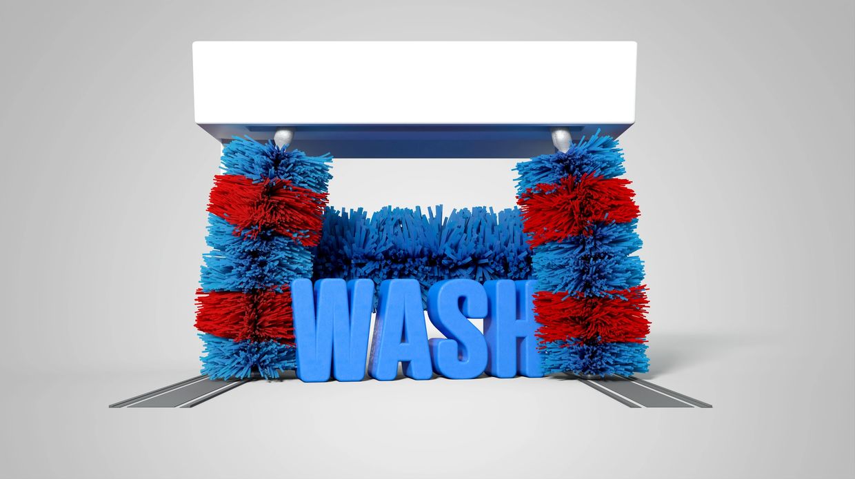 Car wash brushes with the word 'WASH' in blue letters.