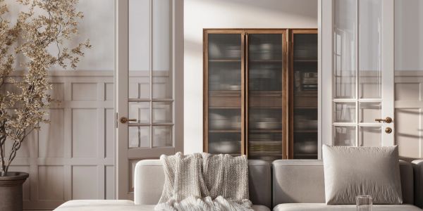 Cozy living room with beige sofa, textured throw, and wooden cabinet.