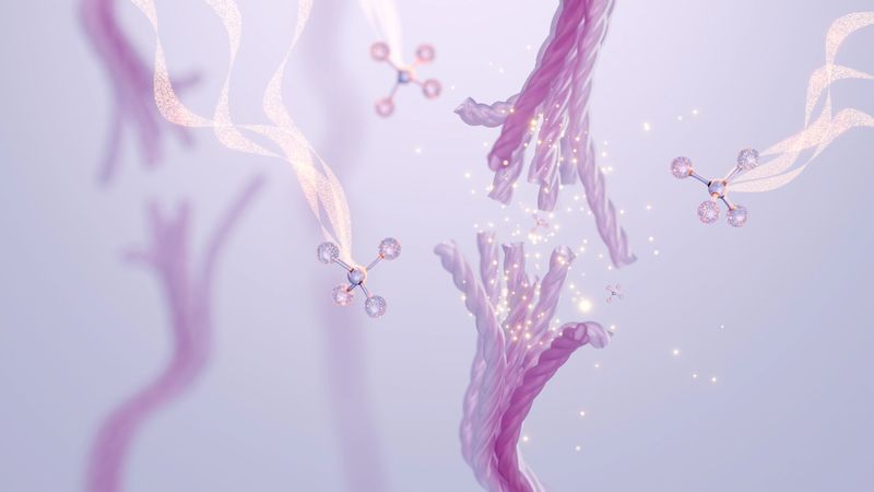 Molecule of collagen or skin serum heals and restores the collagen and elastin of skin against soft purple background. 3D rendering