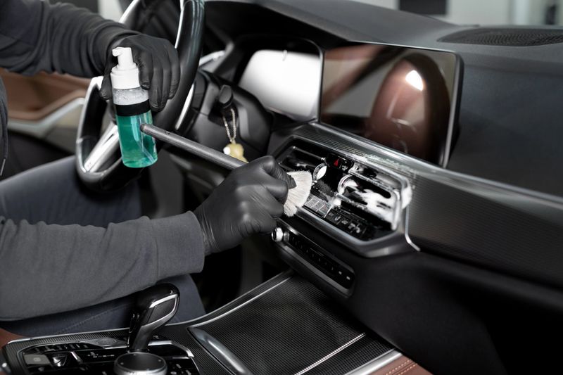 Cleaning the car interior with a brush. A car detailing worker cleaning the interior of a car. Removing dust from the dashboard of the car