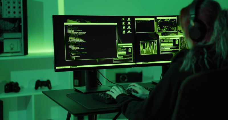 Female cyber security hacker making penetration code or malware to exploit zero-day vulnerability in program or system. Hacking on PC in a dark green room.