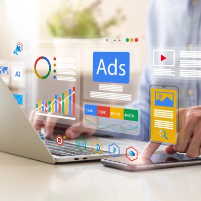 Digital marketing and ads management on laptop and smartphone.