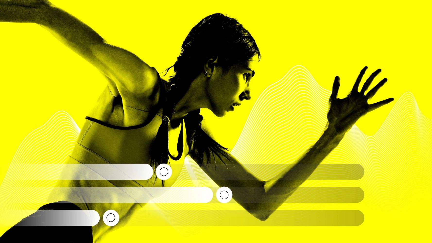 Athletic woman sprinting with dynamic yellow background and wave graphics.