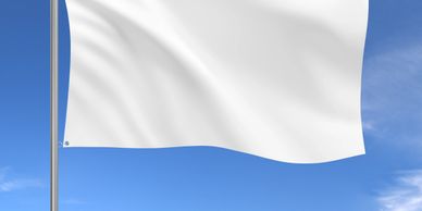 A plain white flag waving against a clear blue sky.