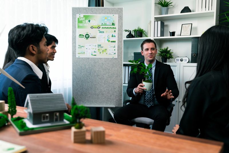 Businessman leader give presentation on corporate social responsibility with reforestation in order to reduce CO2 emission and make sustainable ecology for greener future . Quaint