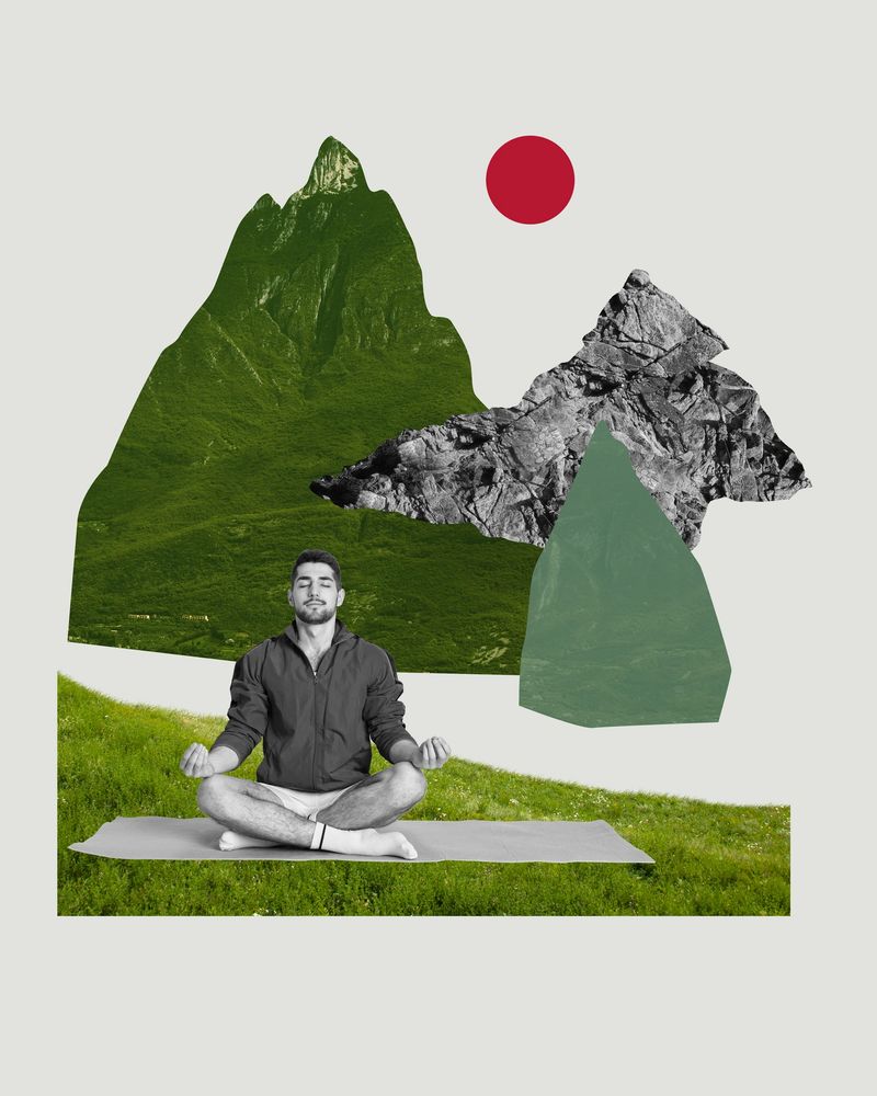 Monochrome image of relaxed young man sitting around colorful nature, mountains and meditating. Contemporary art collage. Concept of active lifestyle, vacation, nature. Retro style