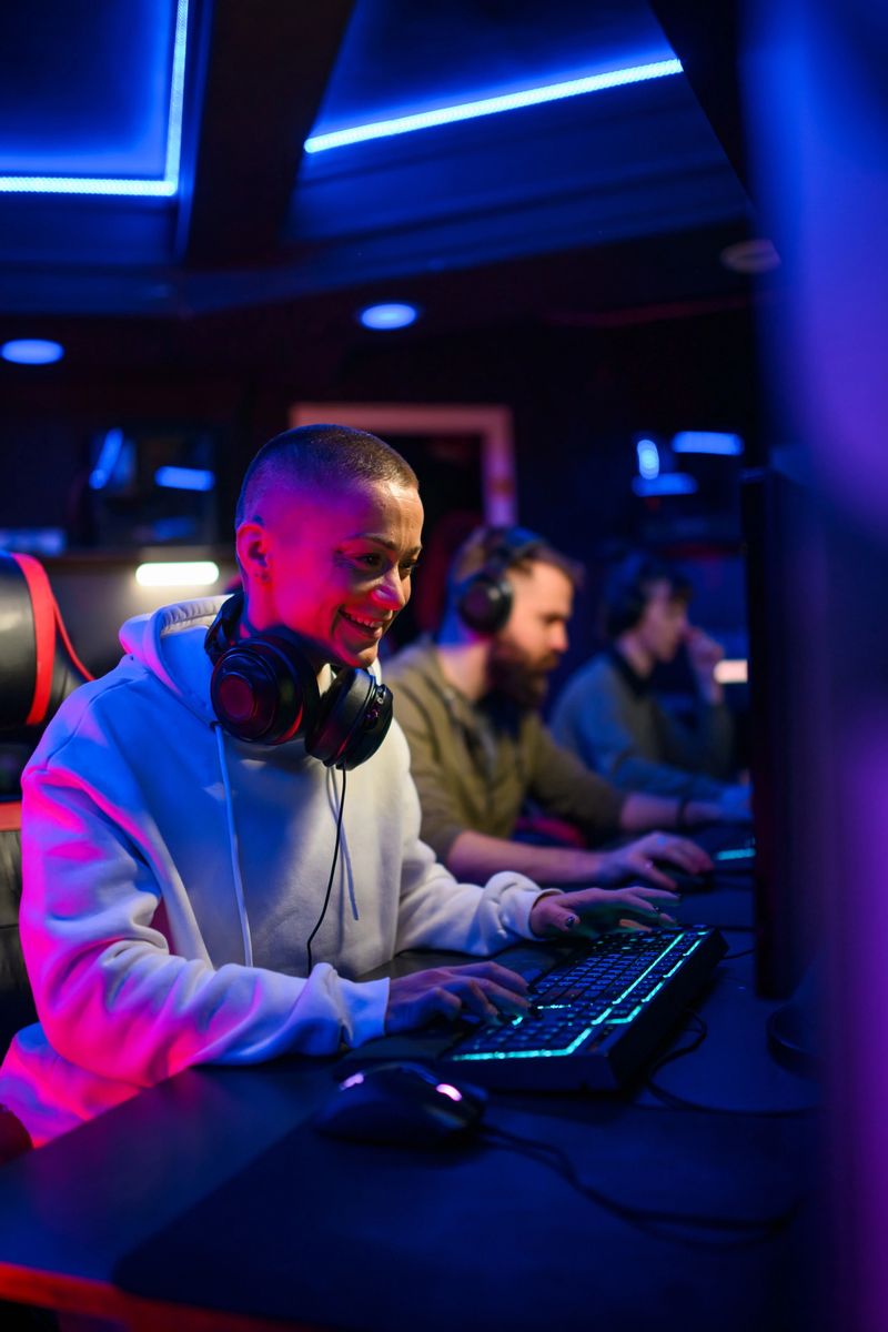 Bald woman gamer playing PC video game and having fun with her friends. Female video game player participating on a tournament in a Esports arena or a Gaming convention. Illuminated with neon lights.