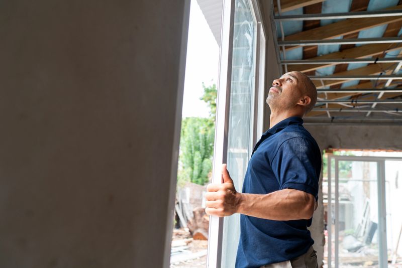 Focused construction worker assessing progress at a residential building site with exposed wooden beams.
