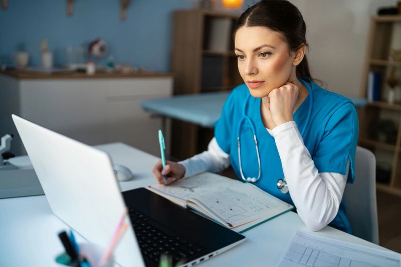 Young Caucasian female doctor or a nurse in a blue medical scrubs, working on the laptop at the modern ordination