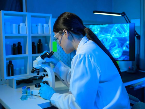 Scientist in a lab coat examining samples under a microscope in a blue-lit laboratory.