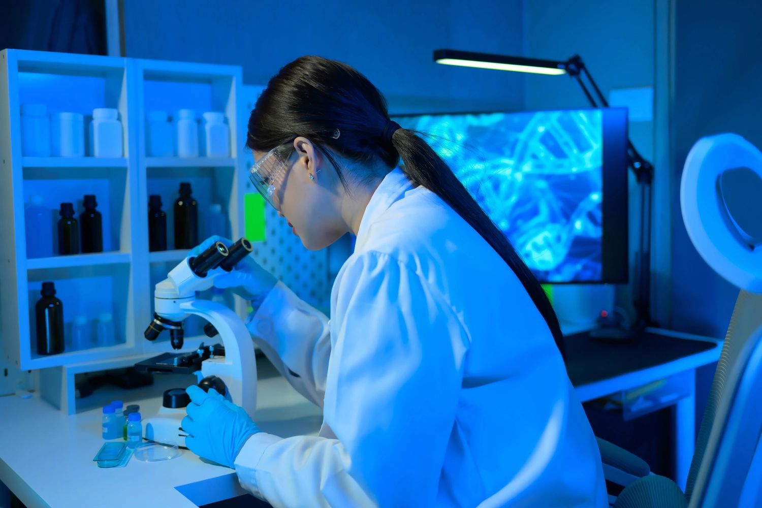 Scientist examining samples under a microscope in a blue-lit lab.