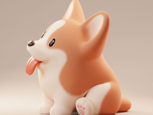 Cute 3D cartoon corgi with tongue out and pink paw pads.