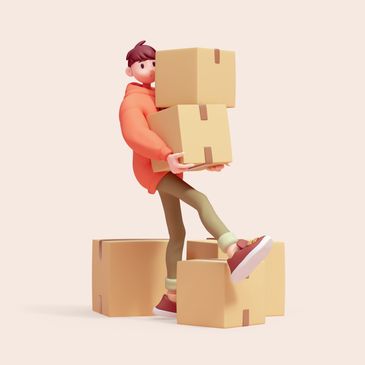 Person in orange carrying boxes, stepping over other boxes