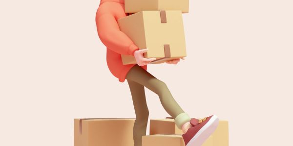3D illustration of a person carrying stacked cardboard boxes.