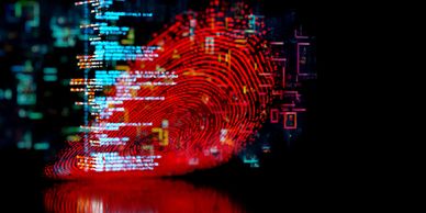 Red digital fingerprint with code overlay on black background.