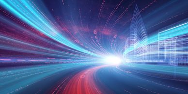 Digital data streams flowing rapidly through a futuristic cityscape.