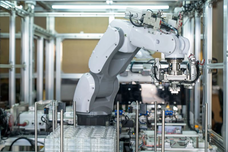 Modern engineering with robotic arm in production process. Dive into the heart of industry innovation and witnessof technology and efficiency. Explore the realm of automation and precision.  Engineering with robotics arm in factory.