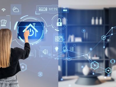 Woman interacting with a futuristic smart home interface.