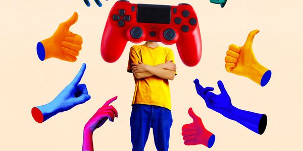 Person with a game controller as a head surrounded by colorful hands giving thumbs up.