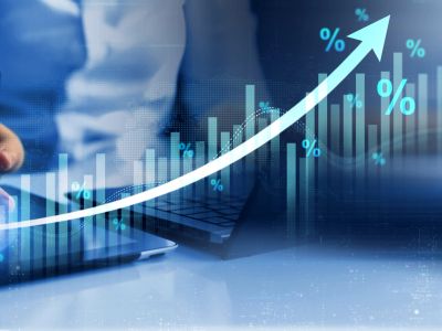 Upward financial growth graph with percentage symbols.